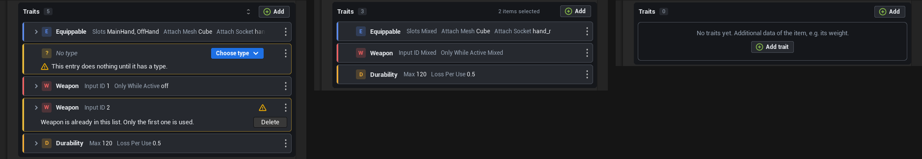 Entry without a type and a type twice, several assets selected, an empty list