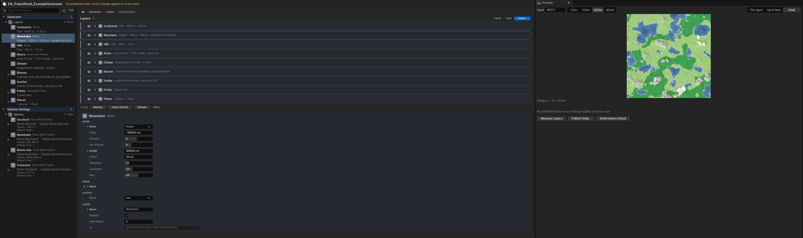 Layers of a generator as a stack with eye and solo, the values of the selected layer below it, the preview on the right