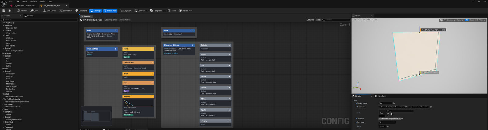 Piece workshop of PulseBuild: palette, overview with a box per category, 3D preview and details