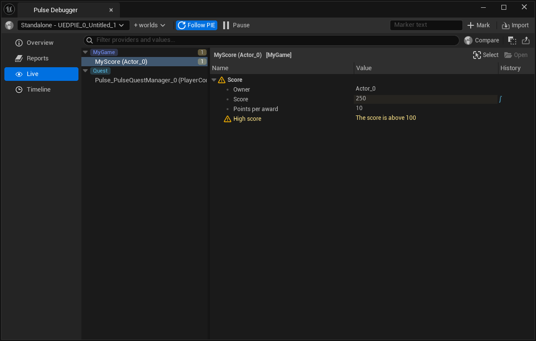 The Live page with the MyGame category and the Score section