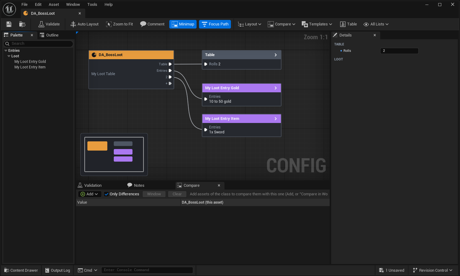 The loot table in the config workshop: palette, graph with two entries and the details panel