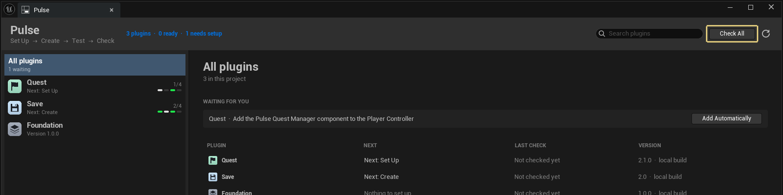 The Check All button in the header of the Pulse window