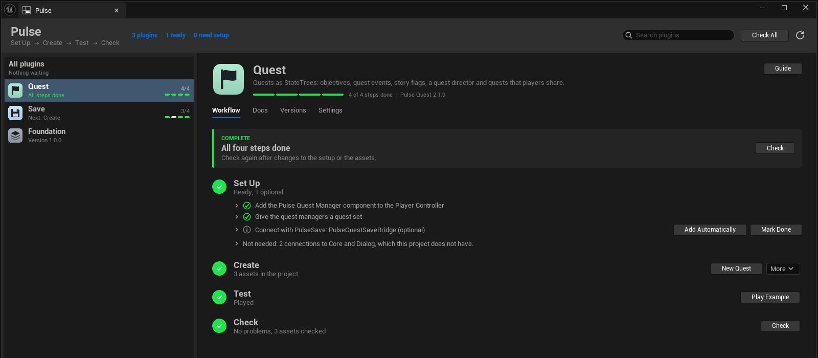 A plugin with four green bars in the Pulse window