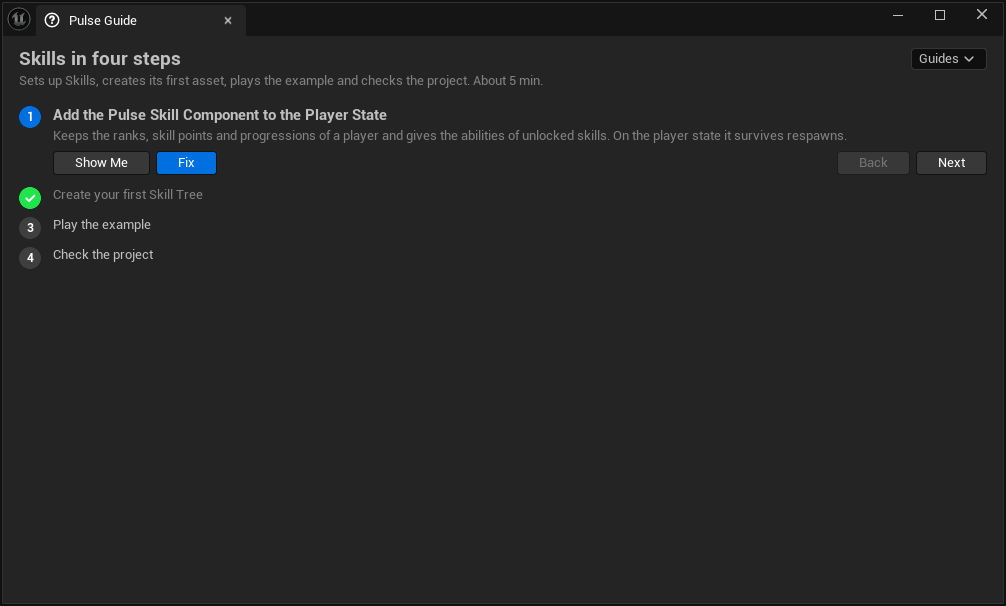 Pulse Guide panel with the guide of the skill plugin
