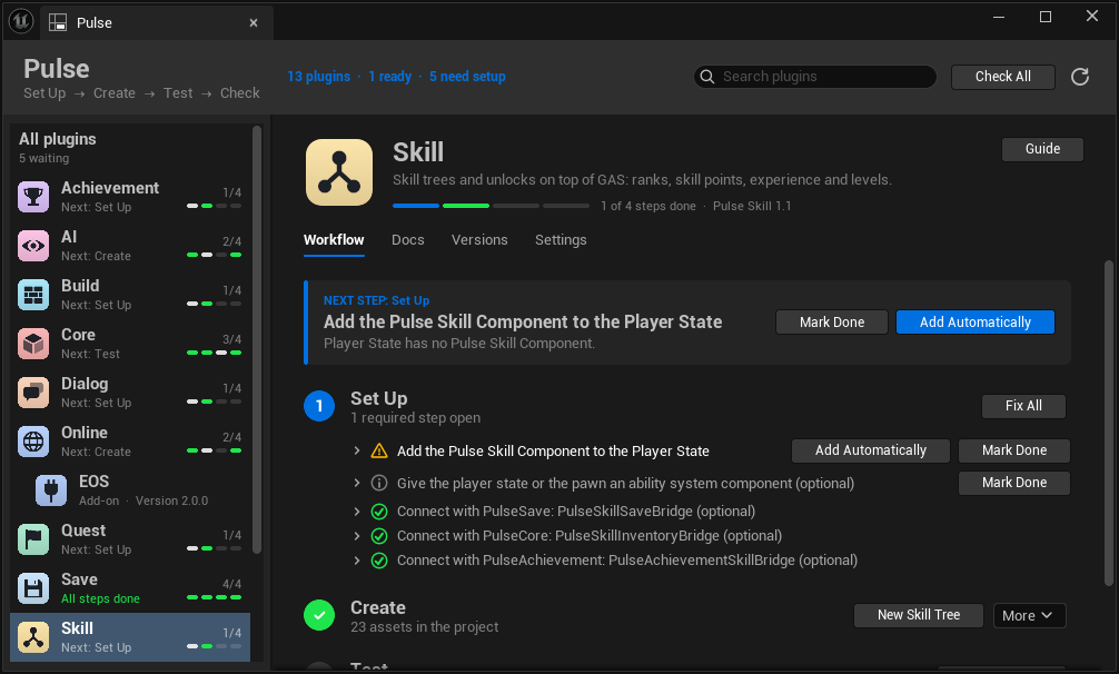 Pulse window: the plugins on the left, the skill plugin on the right with its four steps