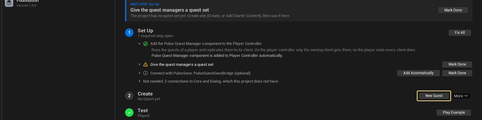 The Create step with the Quest entries in the Pulse window