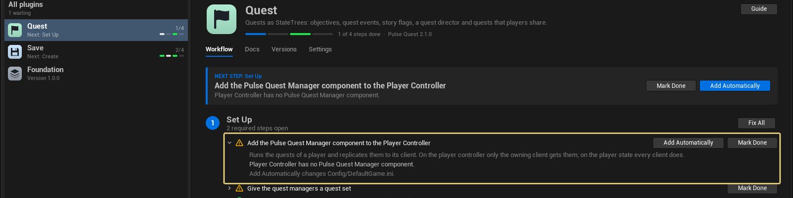 The Set Up step for the quest manager in the Pulse window