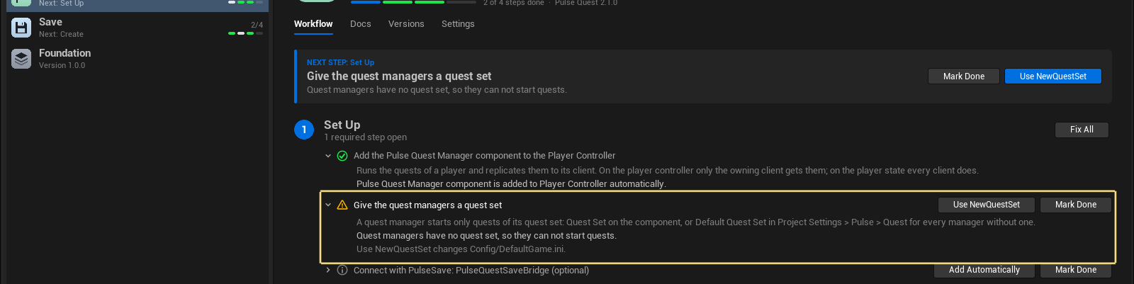 The Set Up step for the quest set with its Use button
