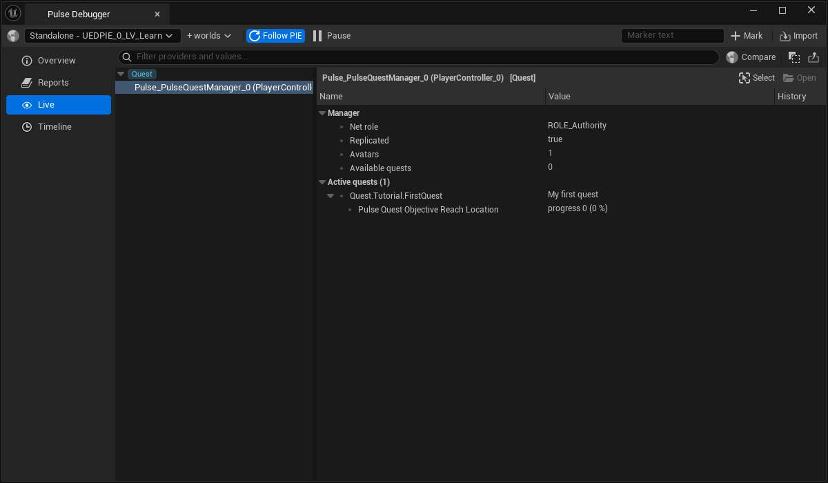 The quest in the Live page of the Pulse Debugger while it runs