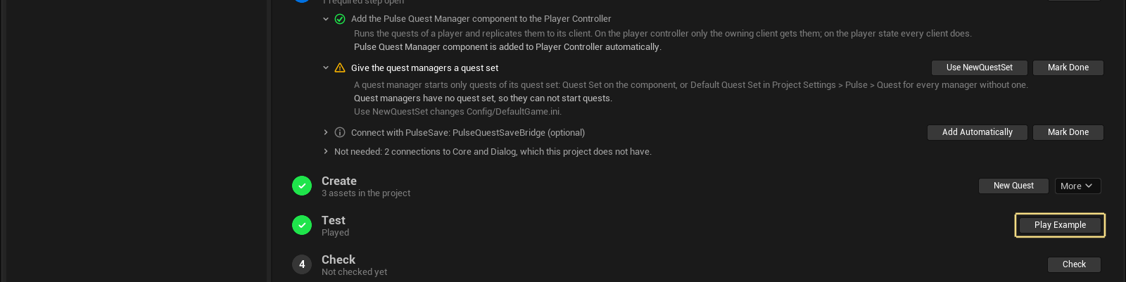The Test step of Pulse Quest with Play Example in the Pulse window
